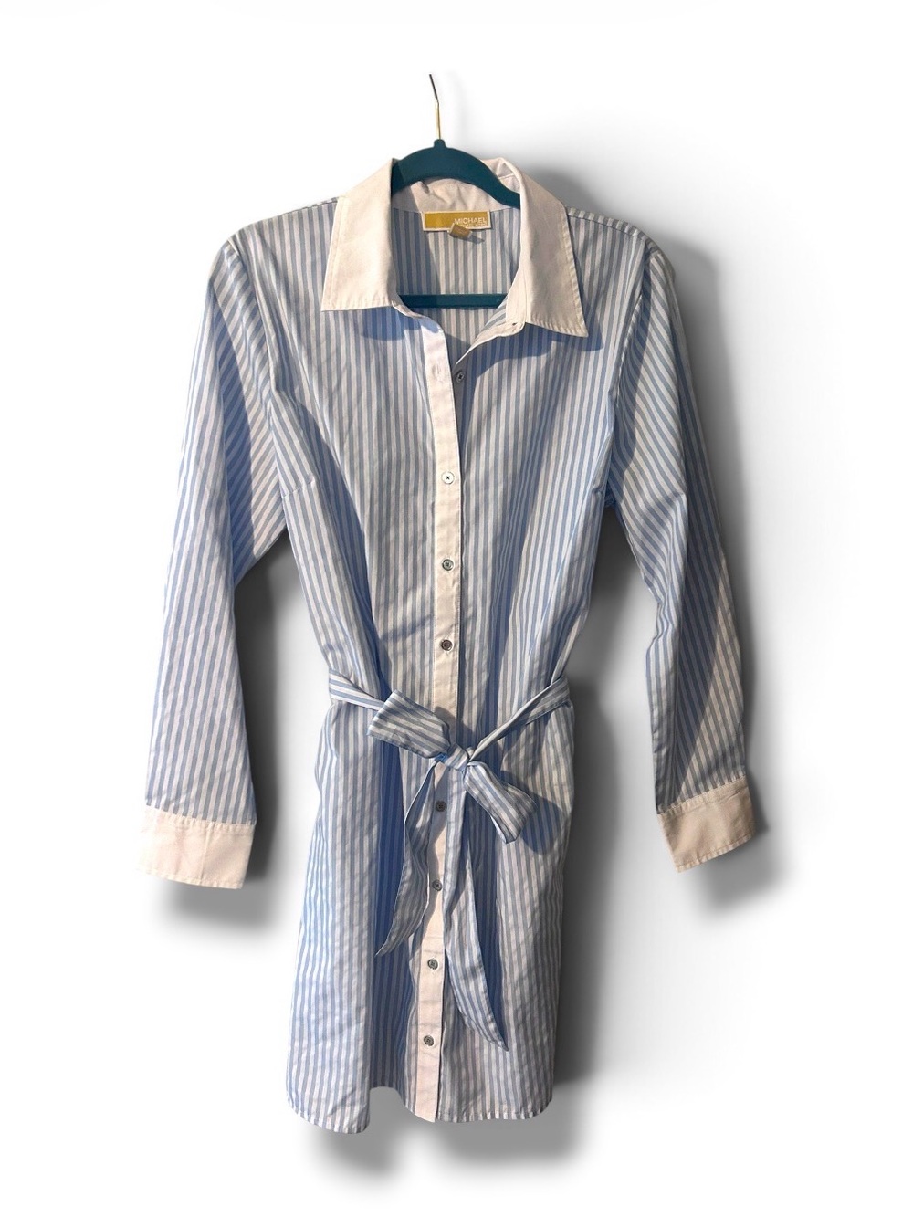 Michael Kors Light Blue and White Striped Shirt Dress with Tie Waist